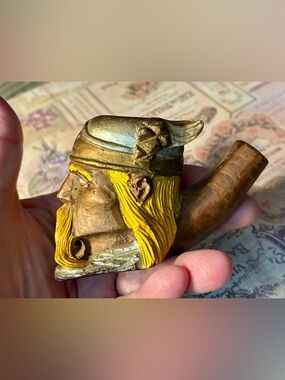 Vintage carved & Painted Burl Wood Estate pipe - Viking